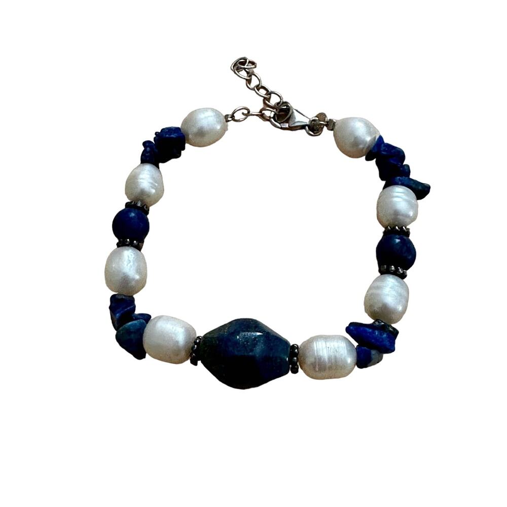 Pearl, Lapis Lazuli and Sterling Silver Tennis Bracelet
